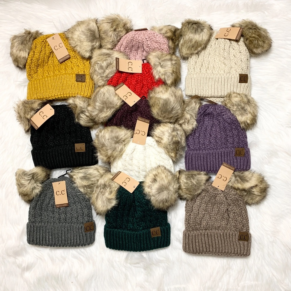 C.C Beanies Double Faux Fur Pom Beanie for Adults, Winter Hats, Premium Cozy Hat